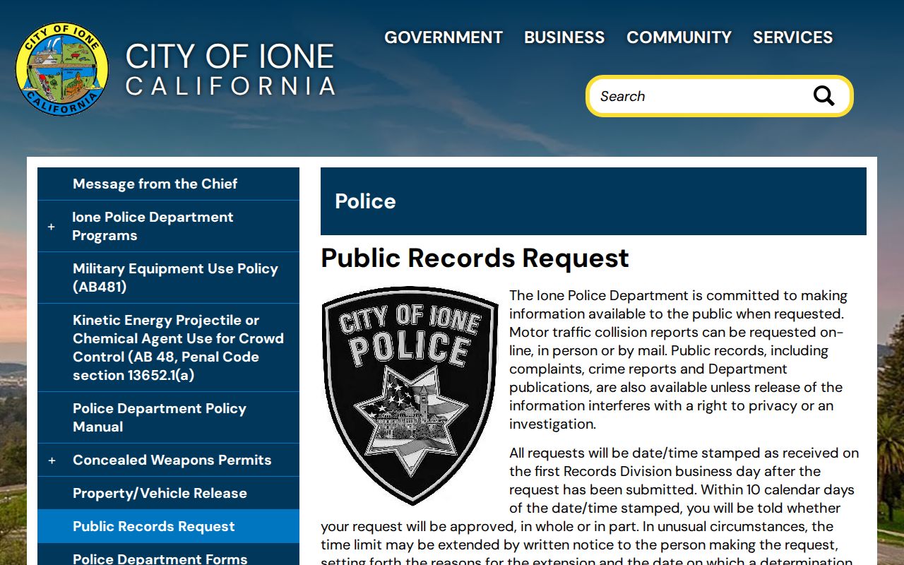 Ione criminal history police records request interface