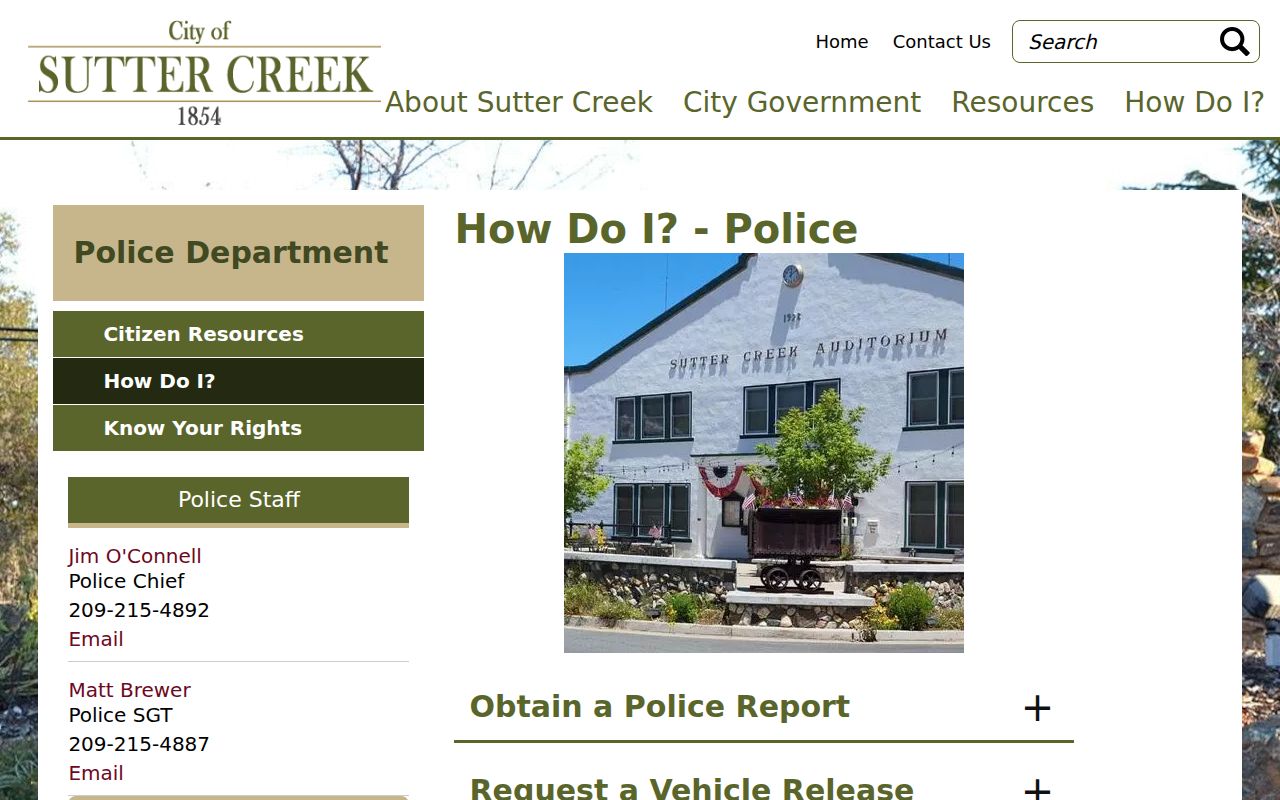 Sutter Creek criminal history police report request instructions