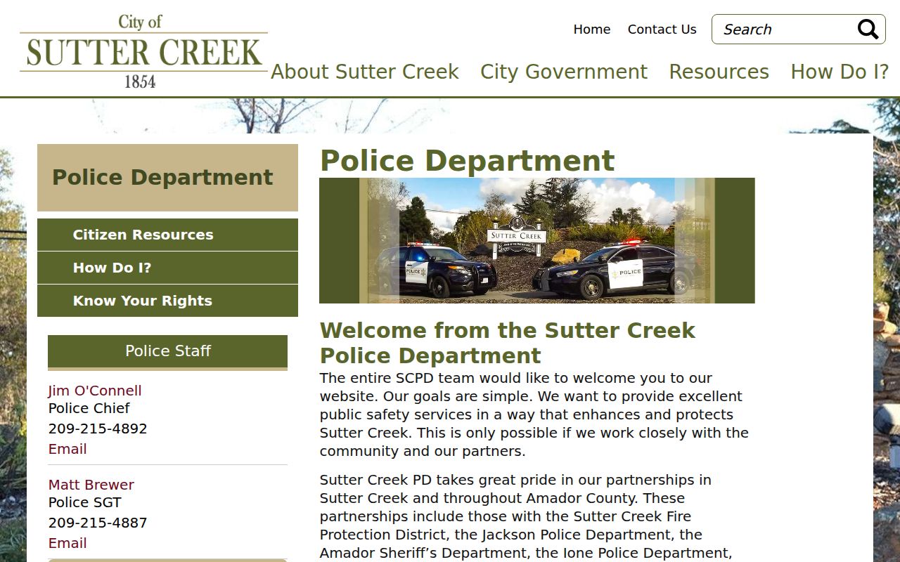 Sutter Creek criminal history Police Department official page