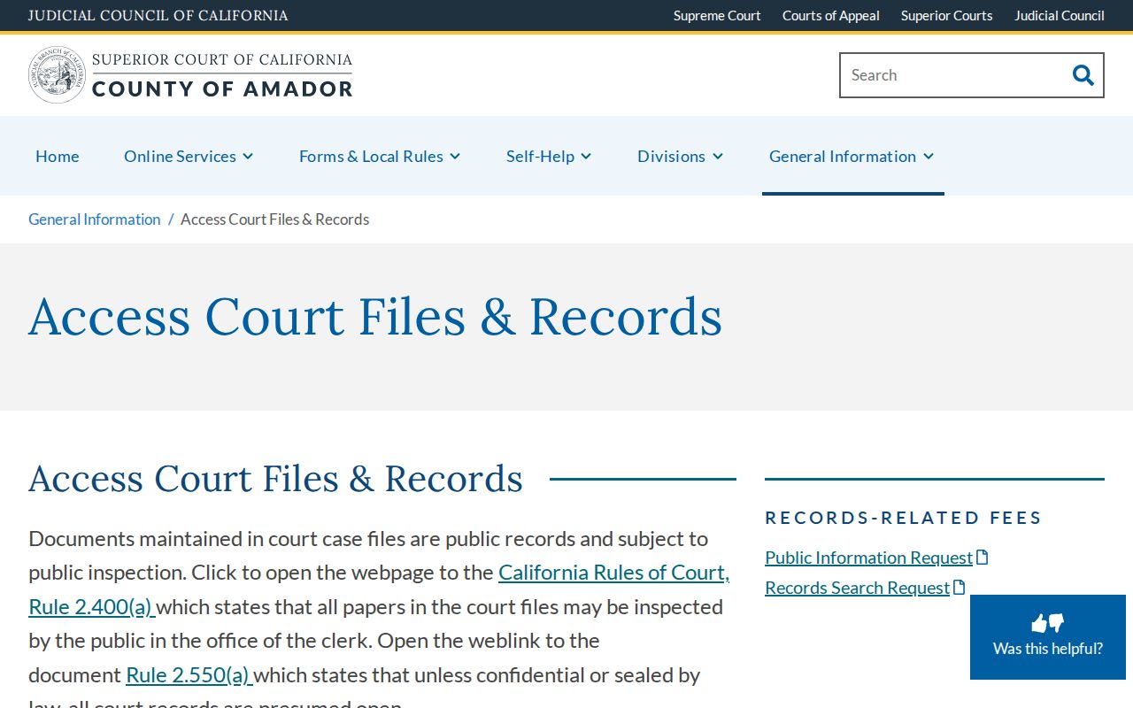 Amador County criminal court case file access and copy page