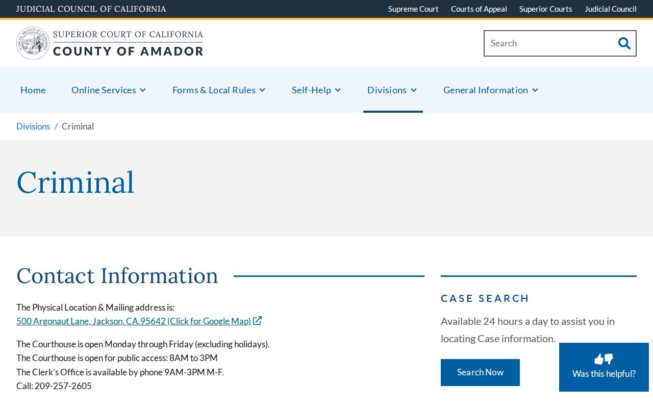 Amador County criminal court case Criminal Division page