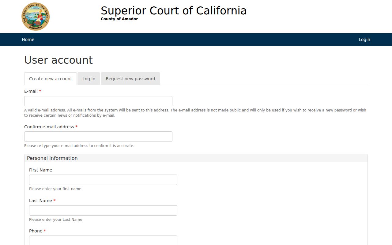 Amador County criminal court case portal registration screen