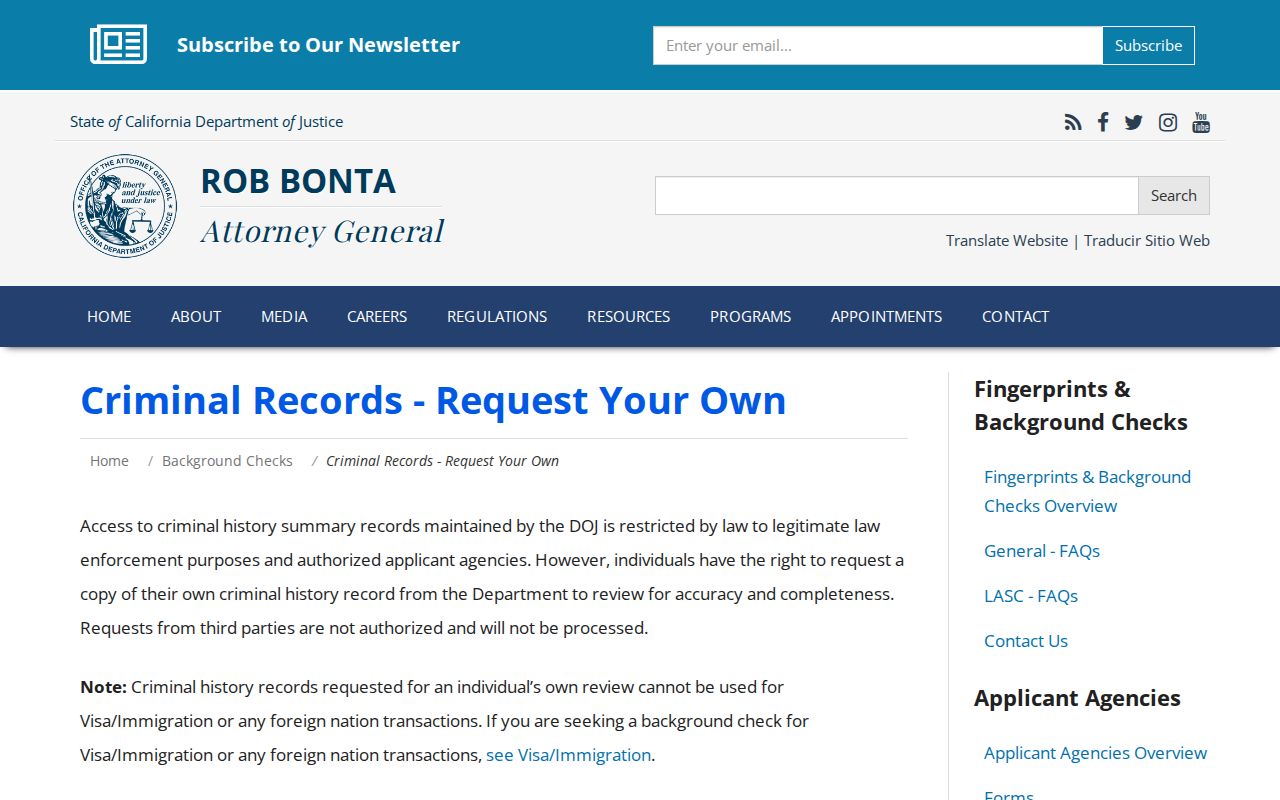 California DOJ request your own criminal record page