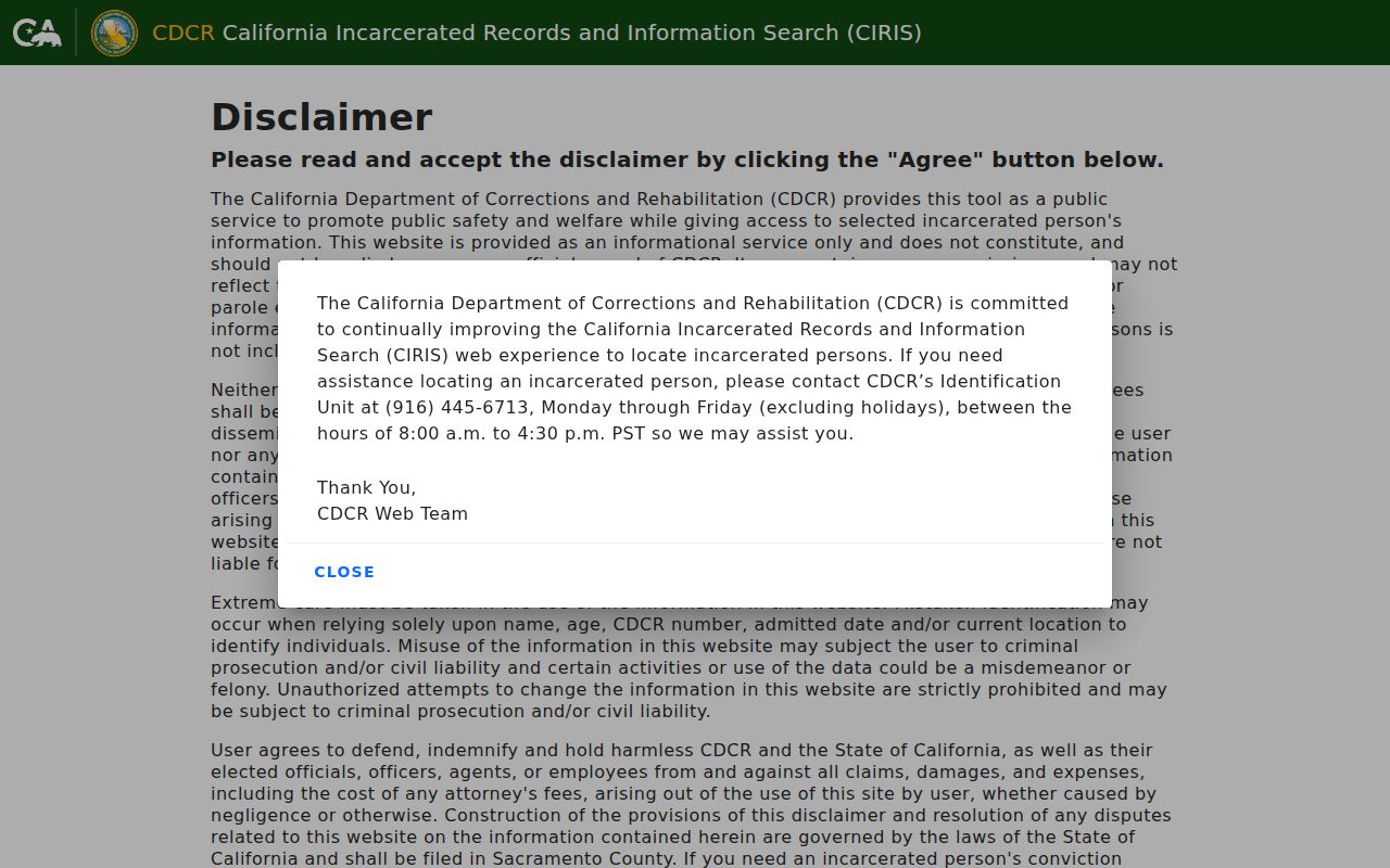 California CIRIS state prison inmate search