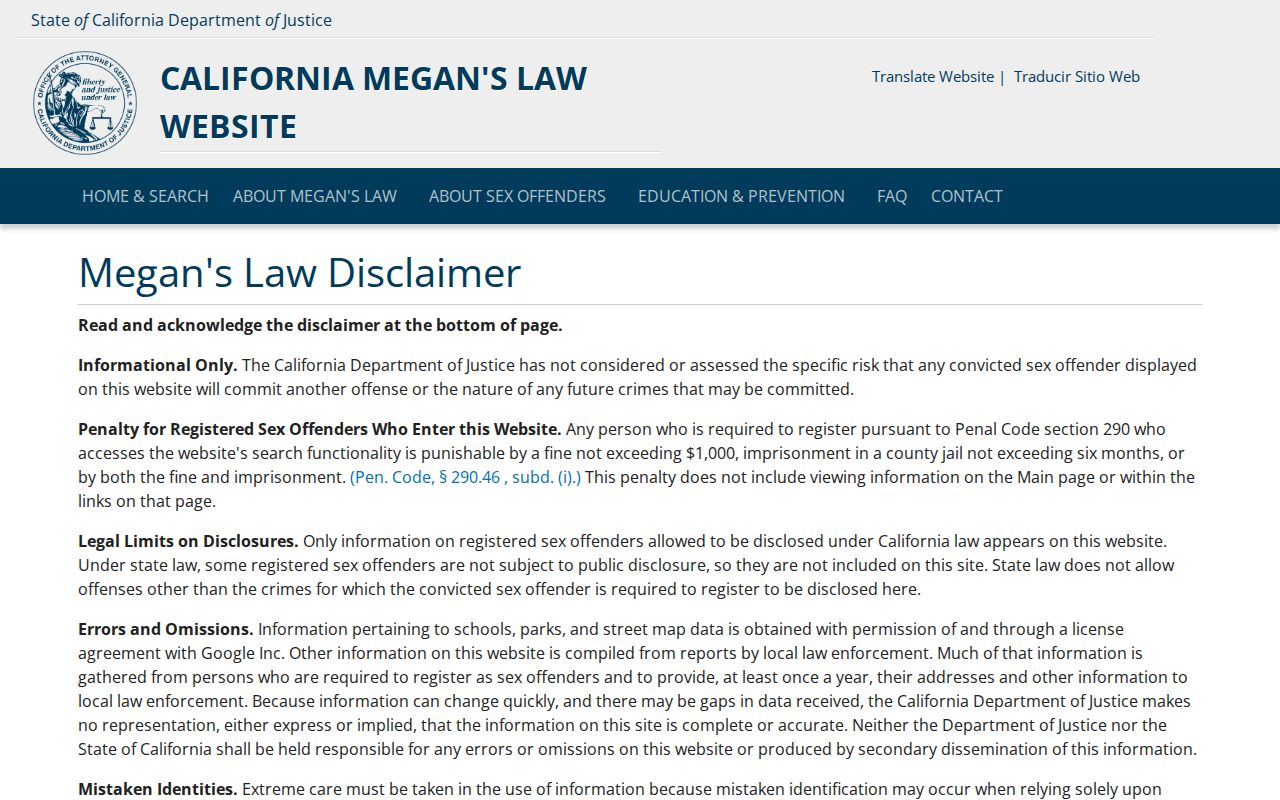 California Megan's Law registry disclaimer