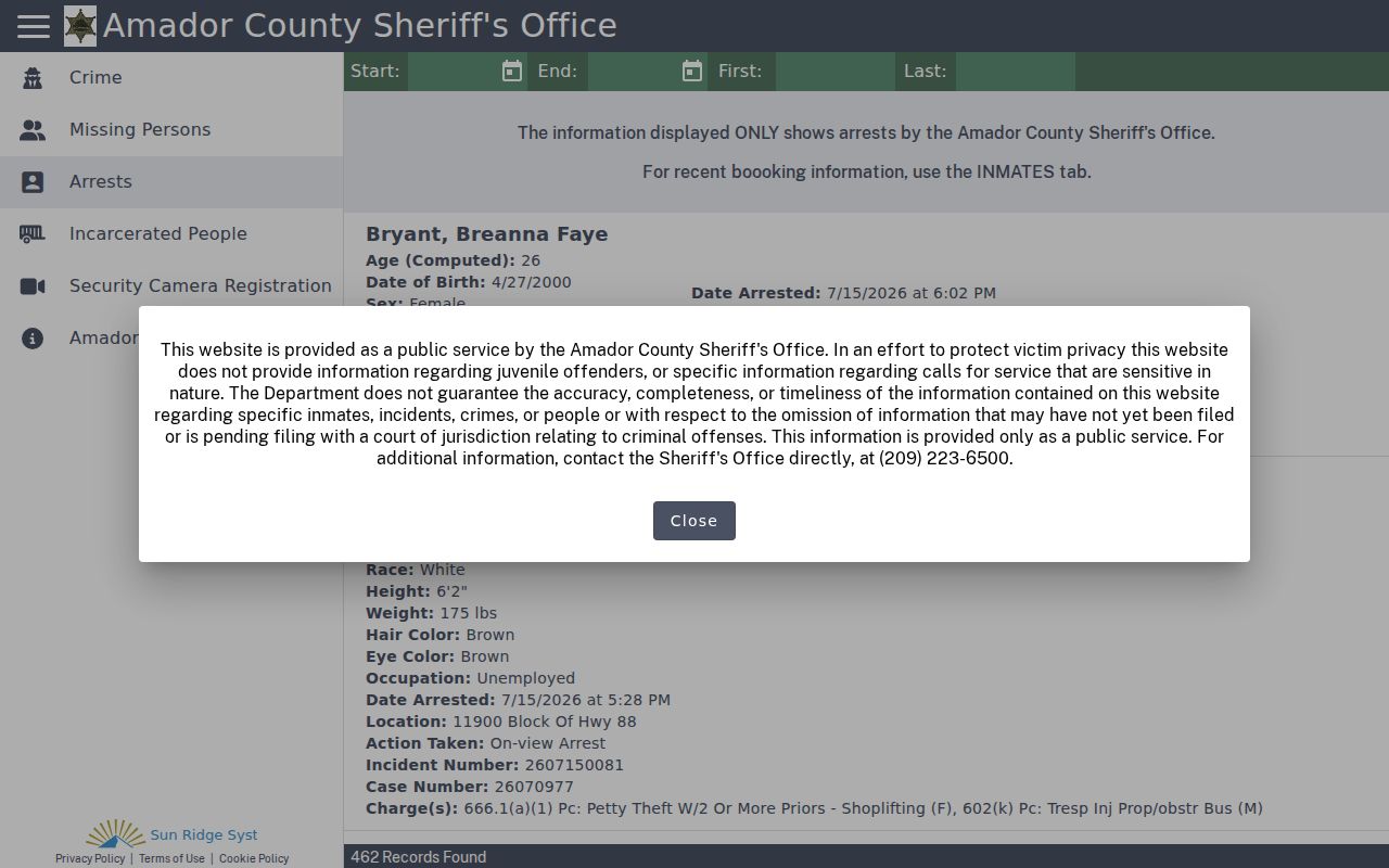 Amador Sheriff Citizen RIMS arrest search