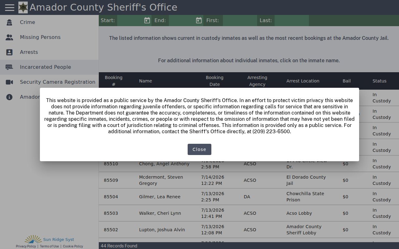 Amador County Jail current custody and recent booking search