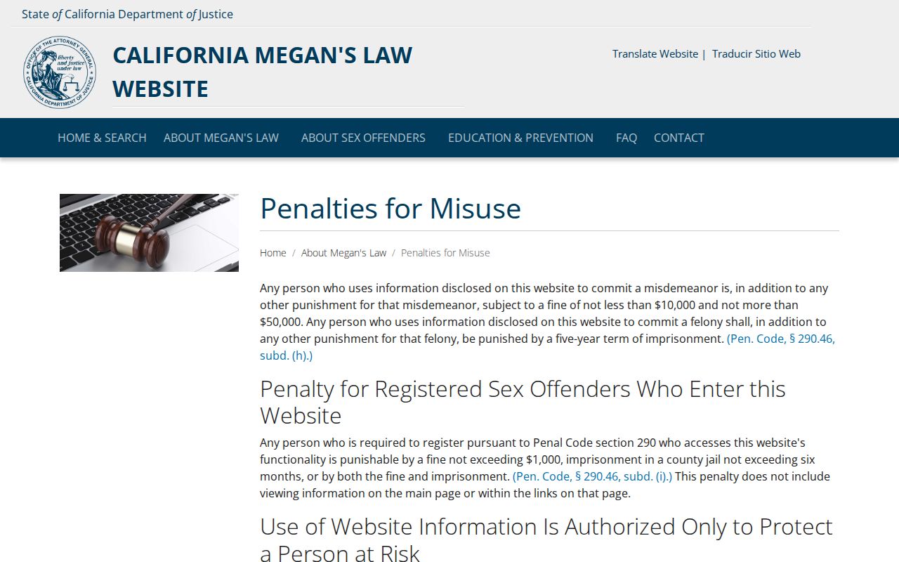Amador County sex offender check Megan's Law misuse penalties